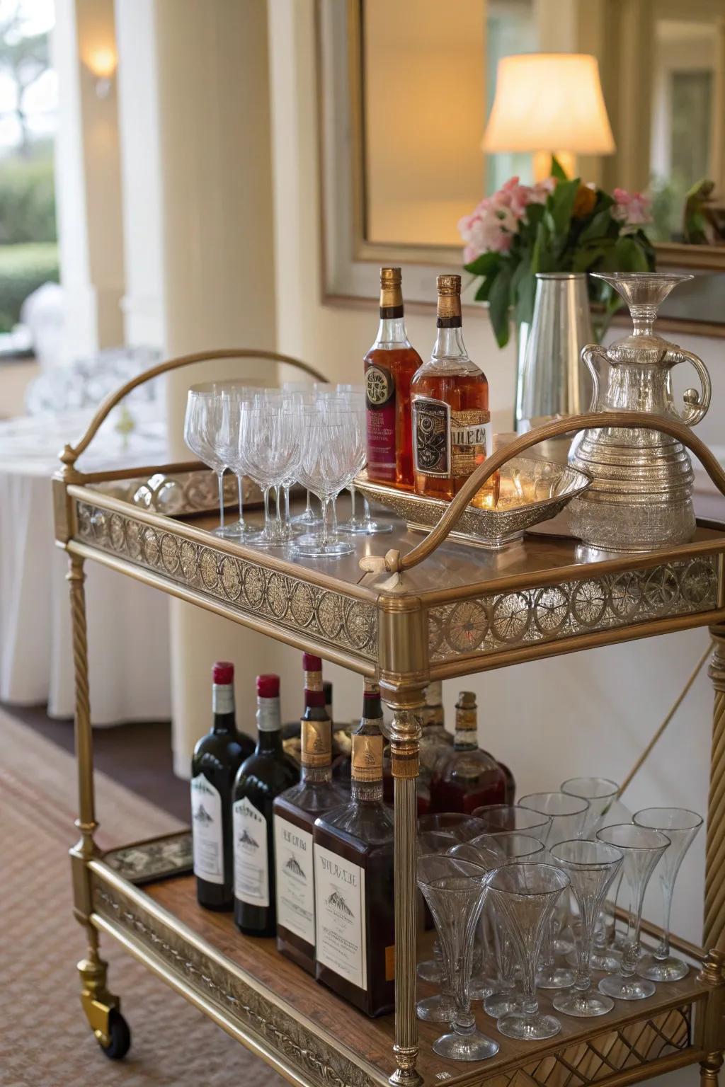 A vintage bar cart beautifully displaying an assortment of spirits and glassware.
