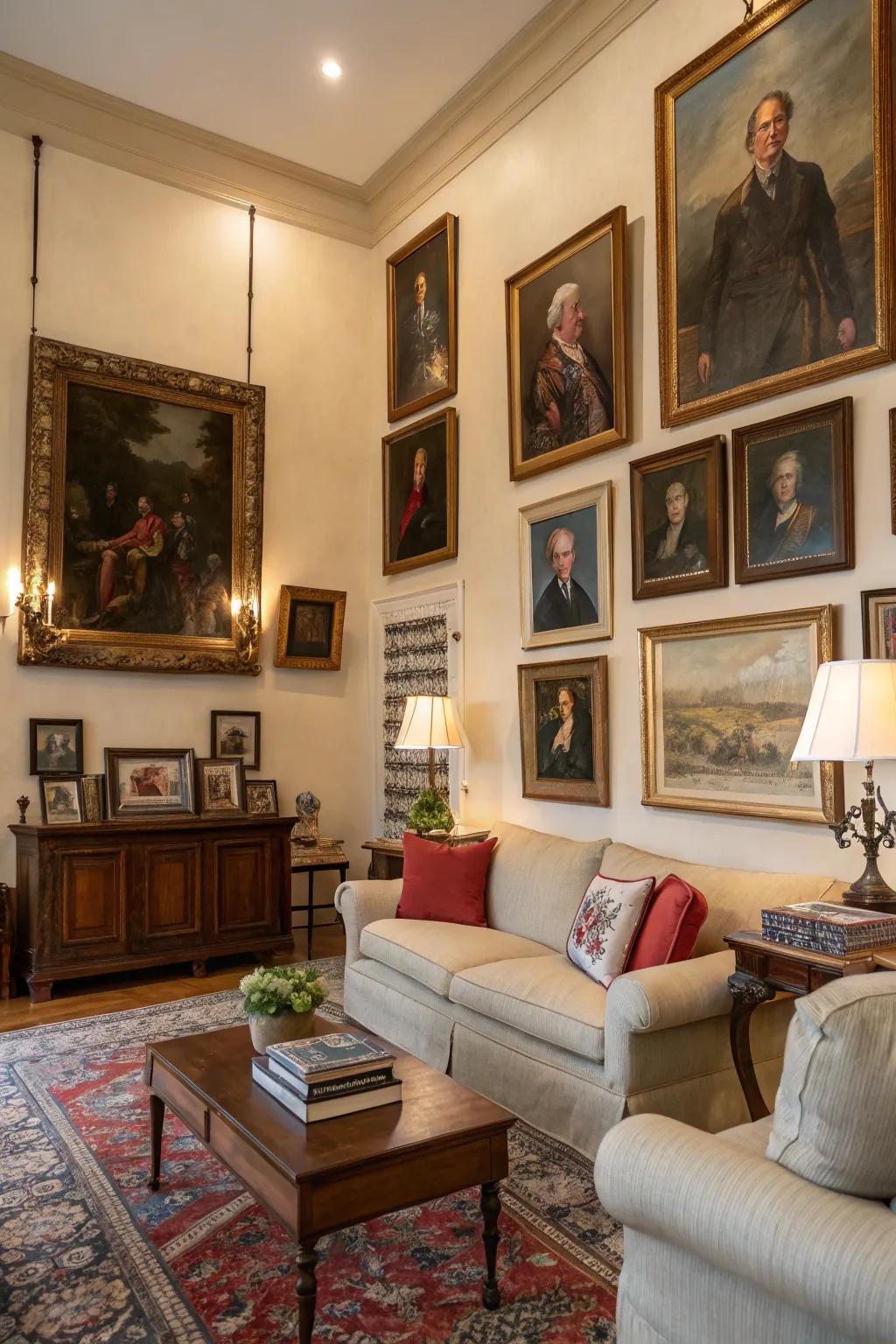 Images and art pieces enhancing the historical charm of a space.