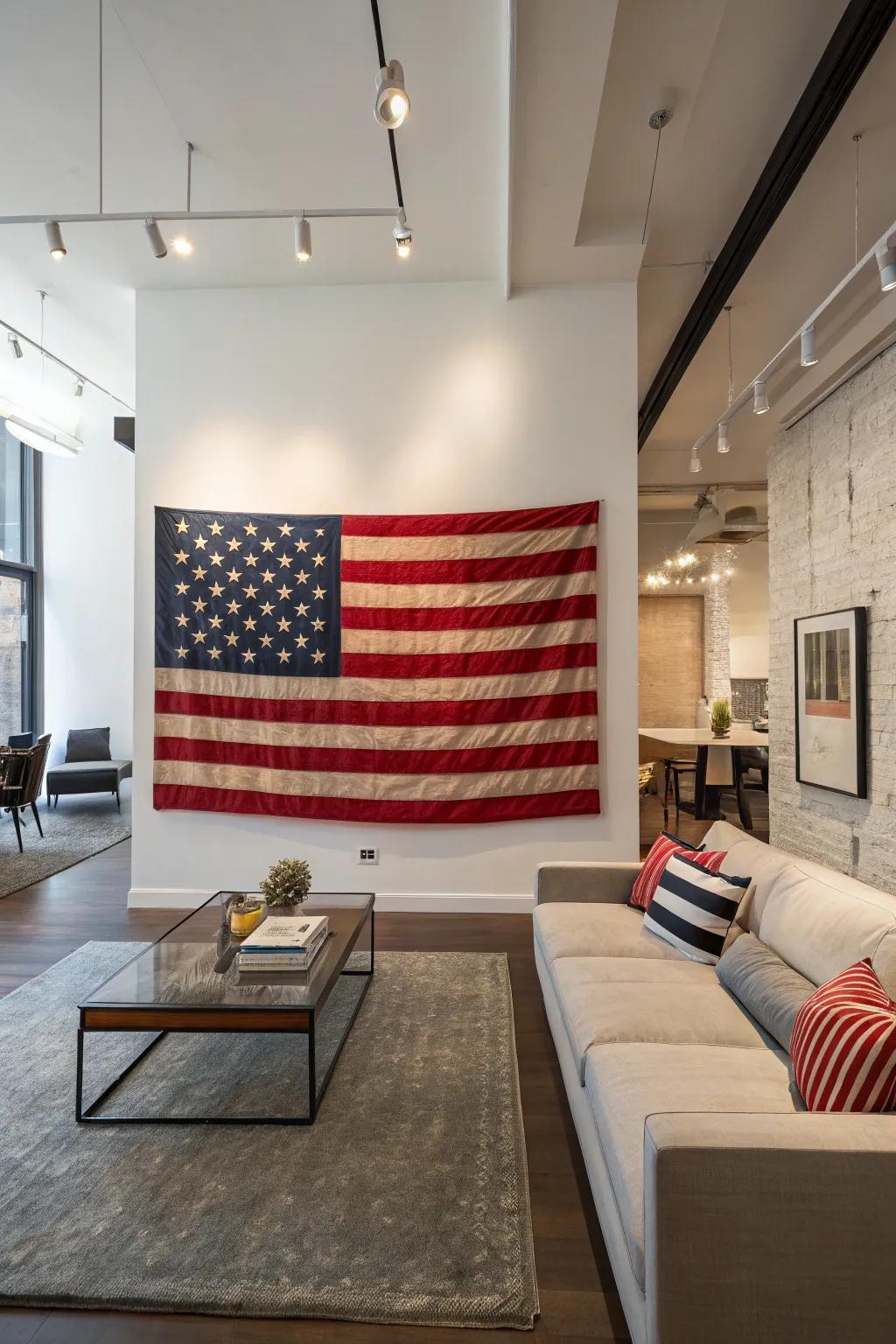 Distinctive flag artwork infuses a creative flair into this modern space.