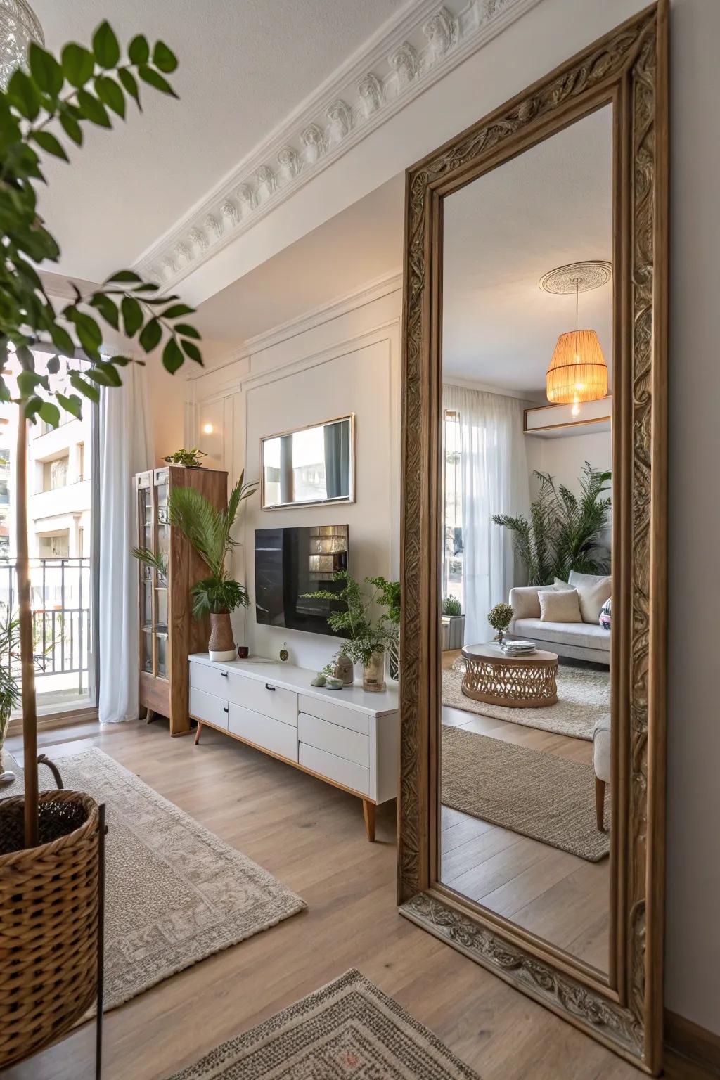 Mirrors can effortlessly double the perception of space.