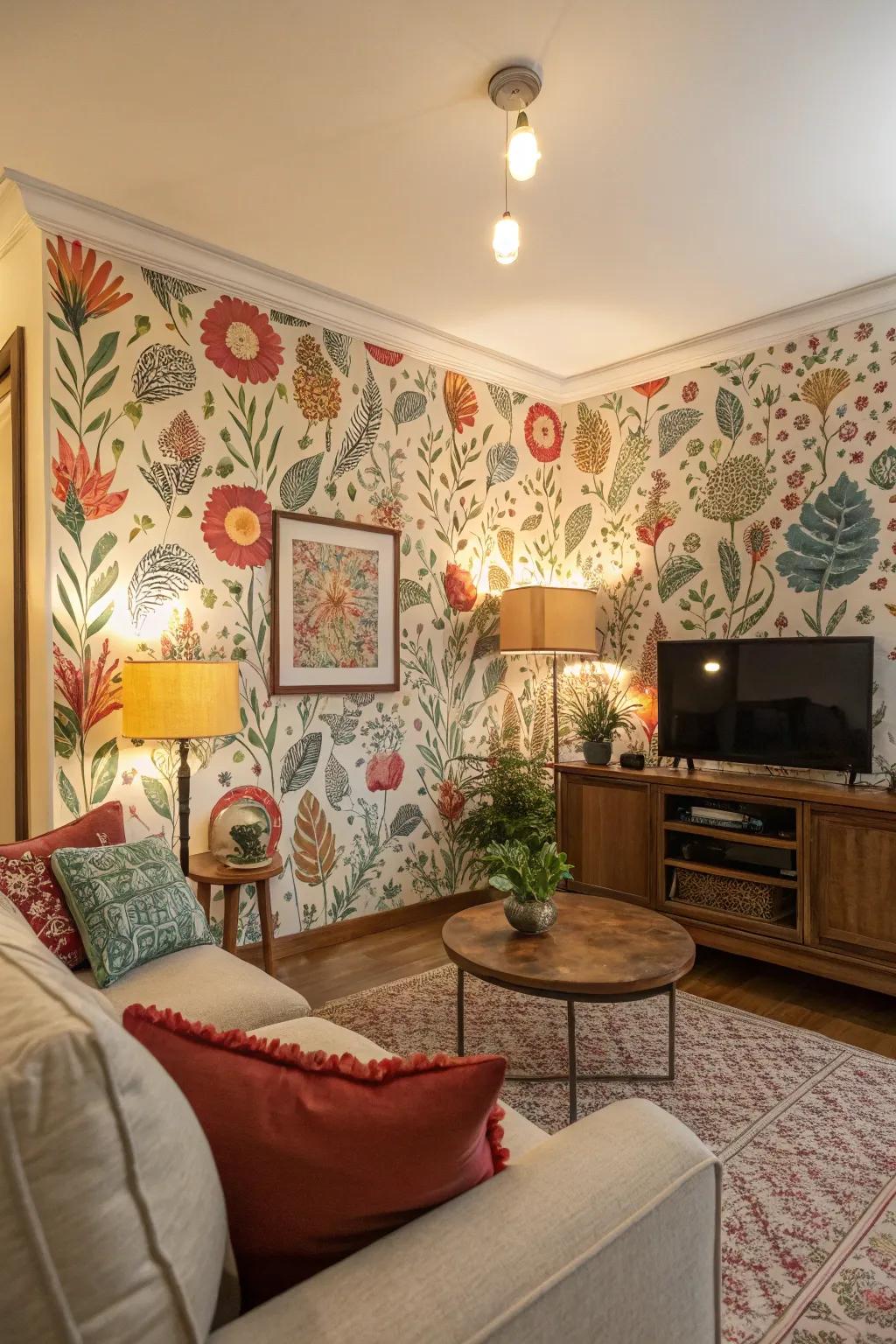 Vibrant detachable wall covering enhances personality within this rental-friendly living area.