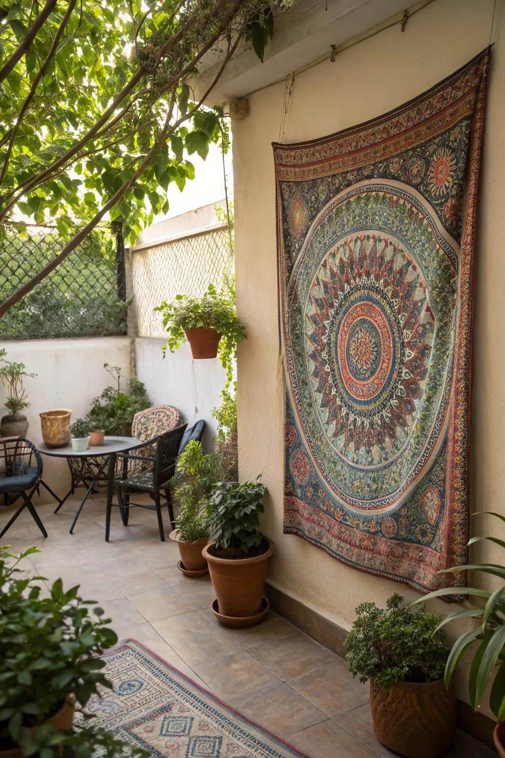 Wall hangings introduce an artistic flair to patio walls.
