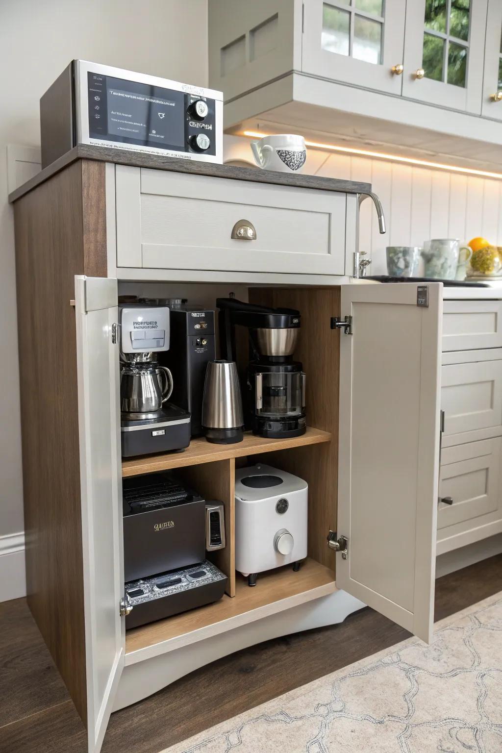 A hidden workstation appliance storage unit offers a clever multi-tasking solution.