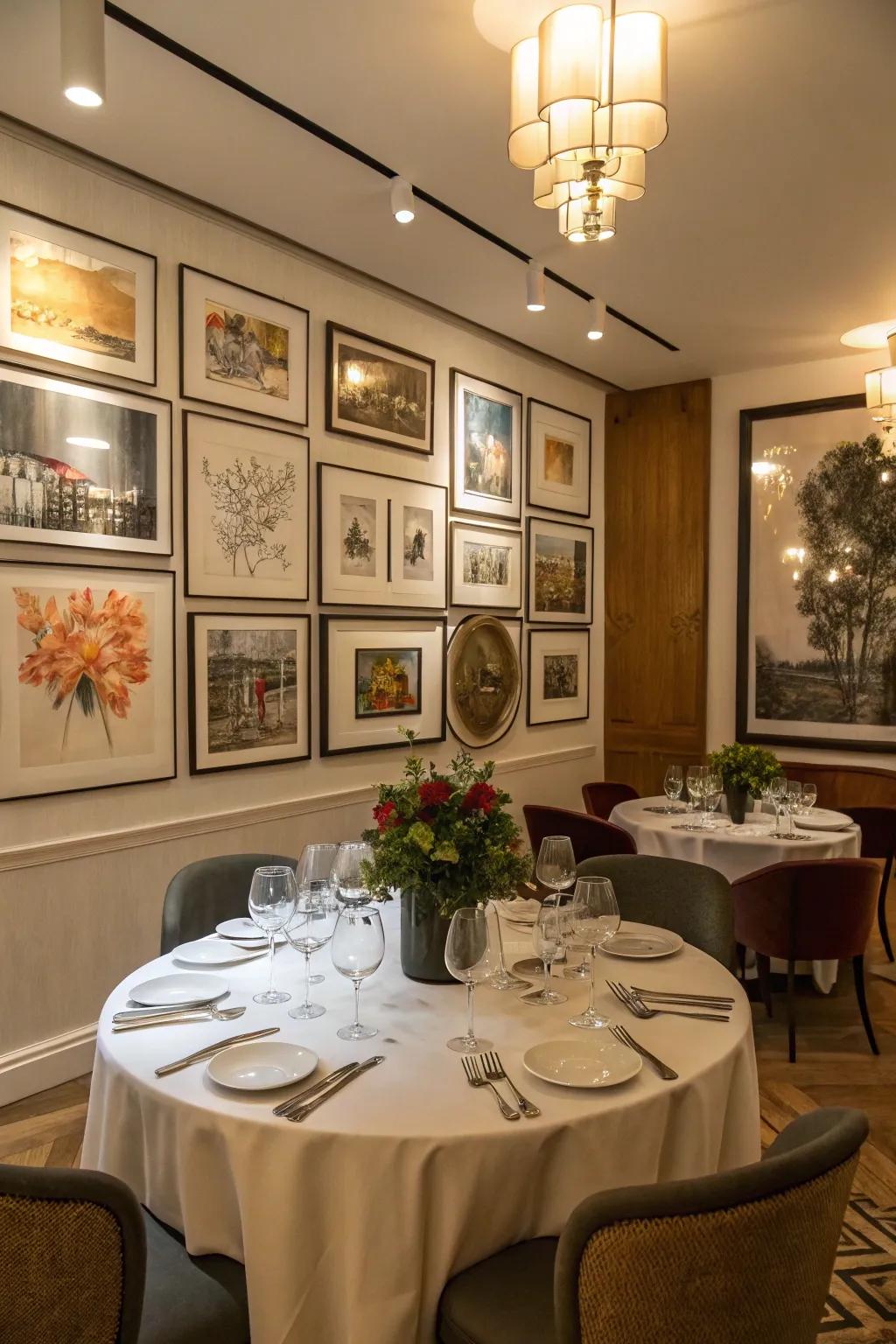 A display wall with mixed art pieces adds character and charm to this dining area.
