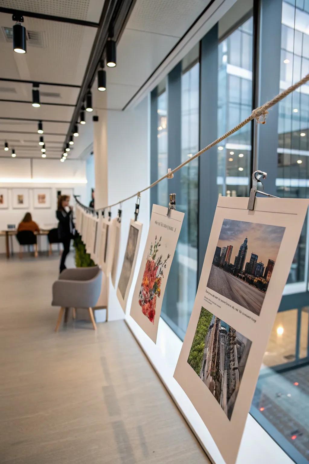 Art prints clasped to a minimalist suspension system.