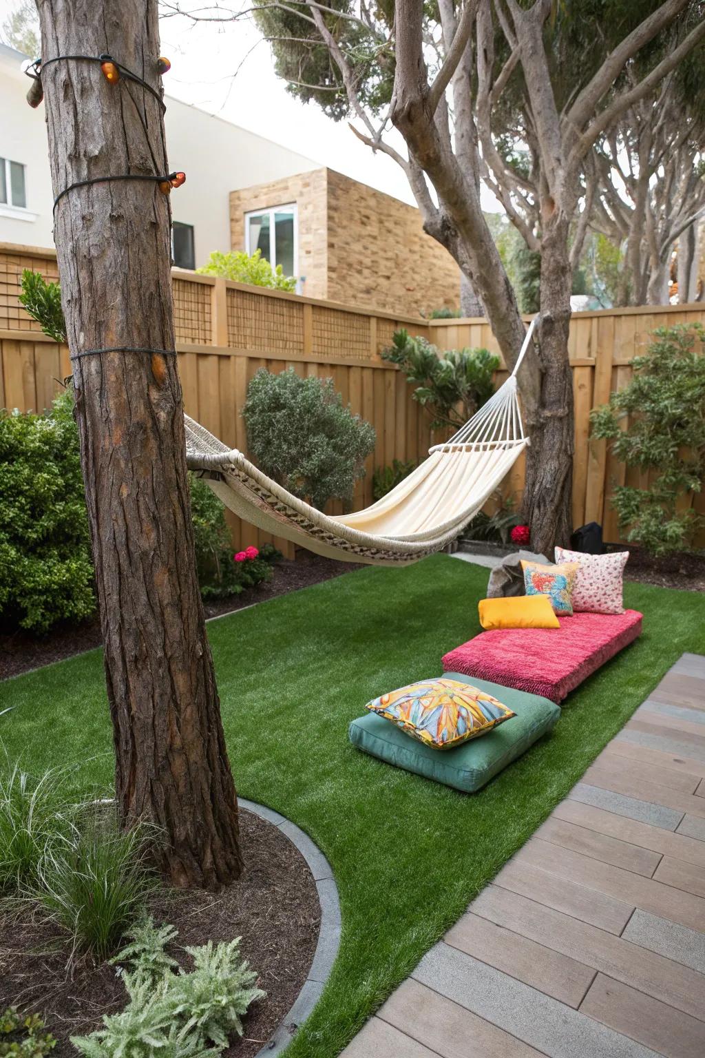 Find your personal retreat by using a comfortable relaxation nook on simulated turf.