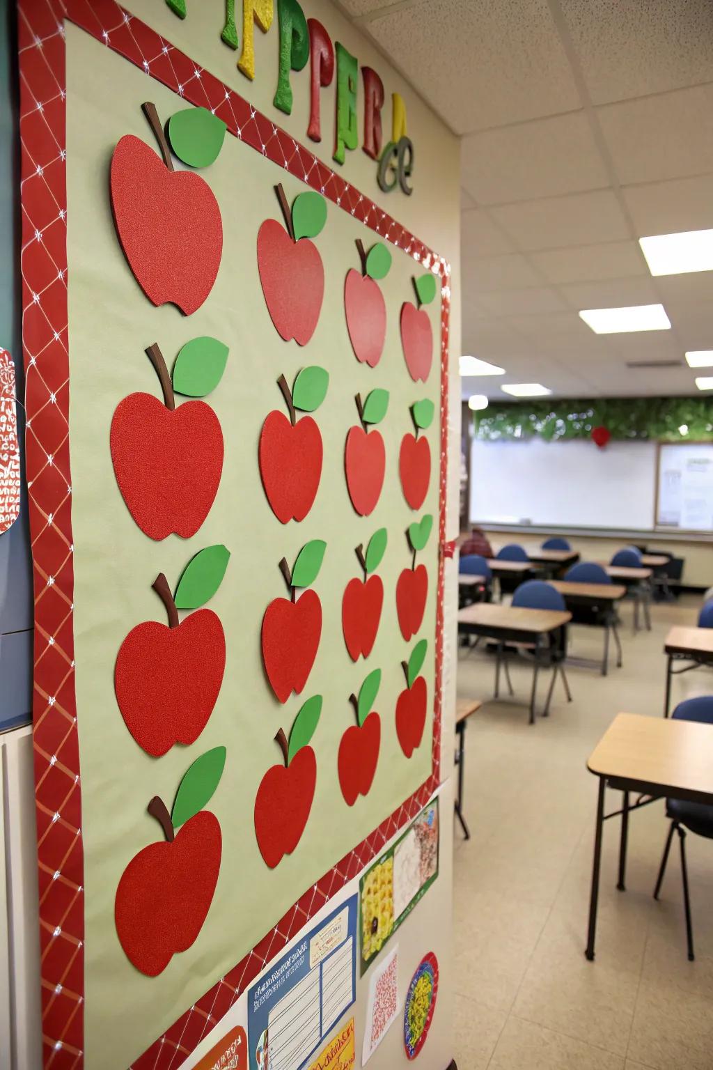 Apple-themed board celebrating a new academic year.