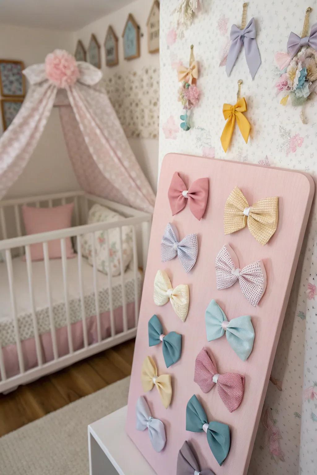 Personalized themed board for organizing baby bows.