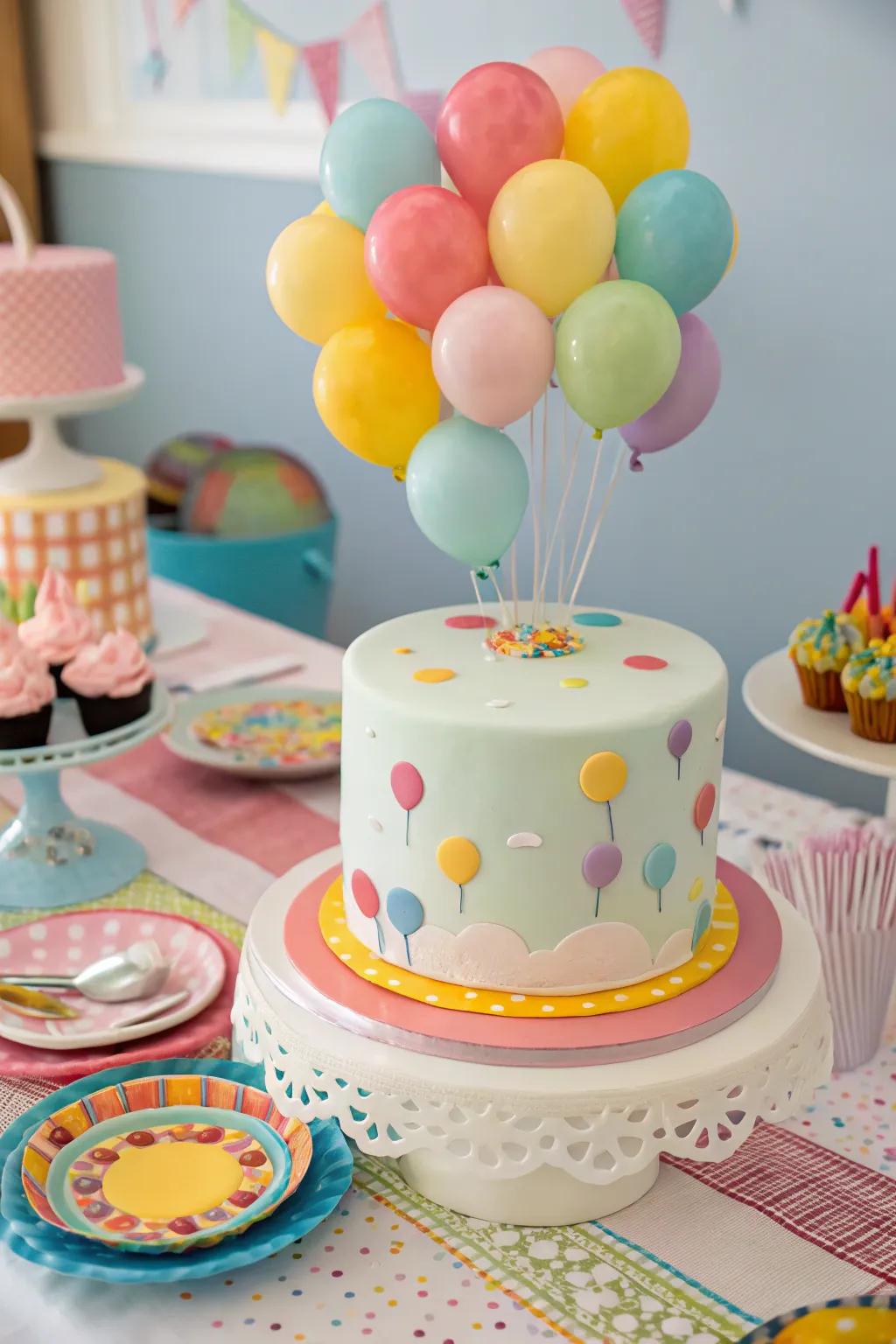 A floater-inspired cake featuring cheerful and colorful decorations.