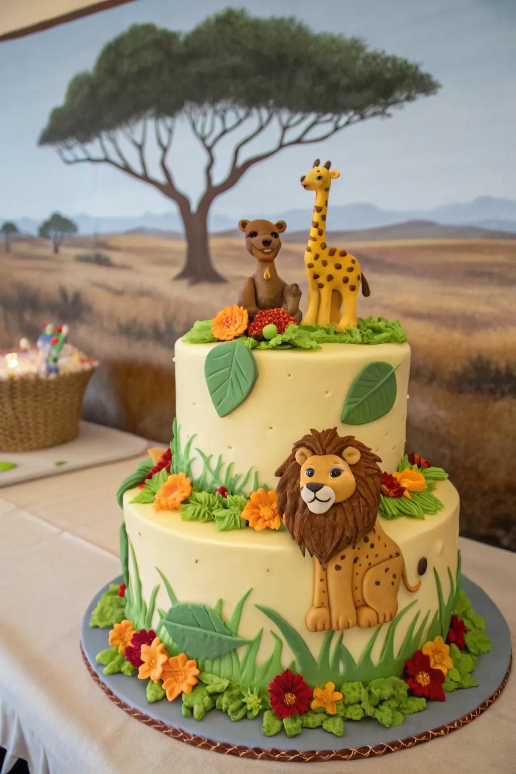 A sweet jungle-themed cake for a baby boy shower.