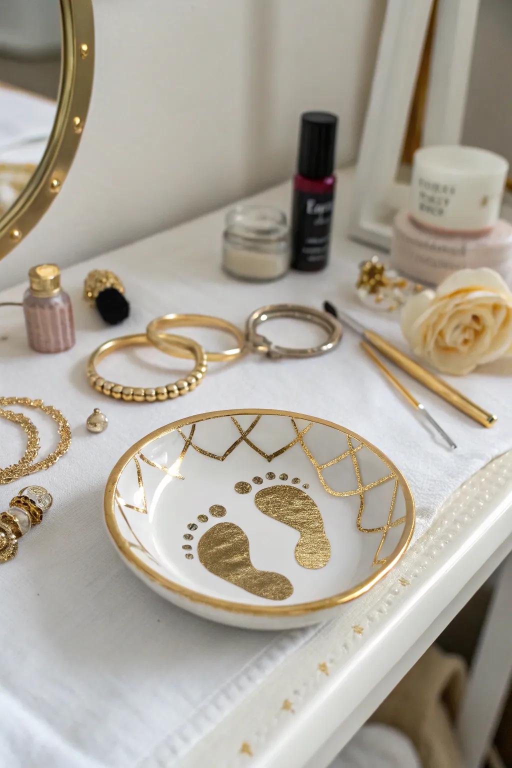 An elegant trinket dish encapsulating diminutive footprints perpetually.