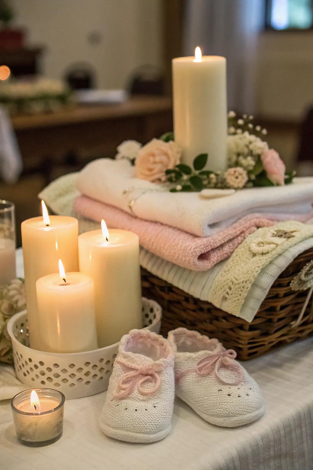 Flame sources and infant accoutrements synthesize to engender a tranquil and warm atmosphere.