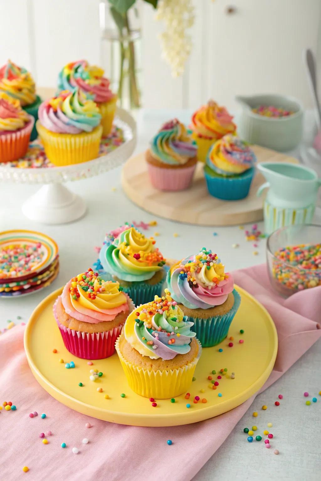 Colored sprinkle cupcakes bring joy to the celebration.