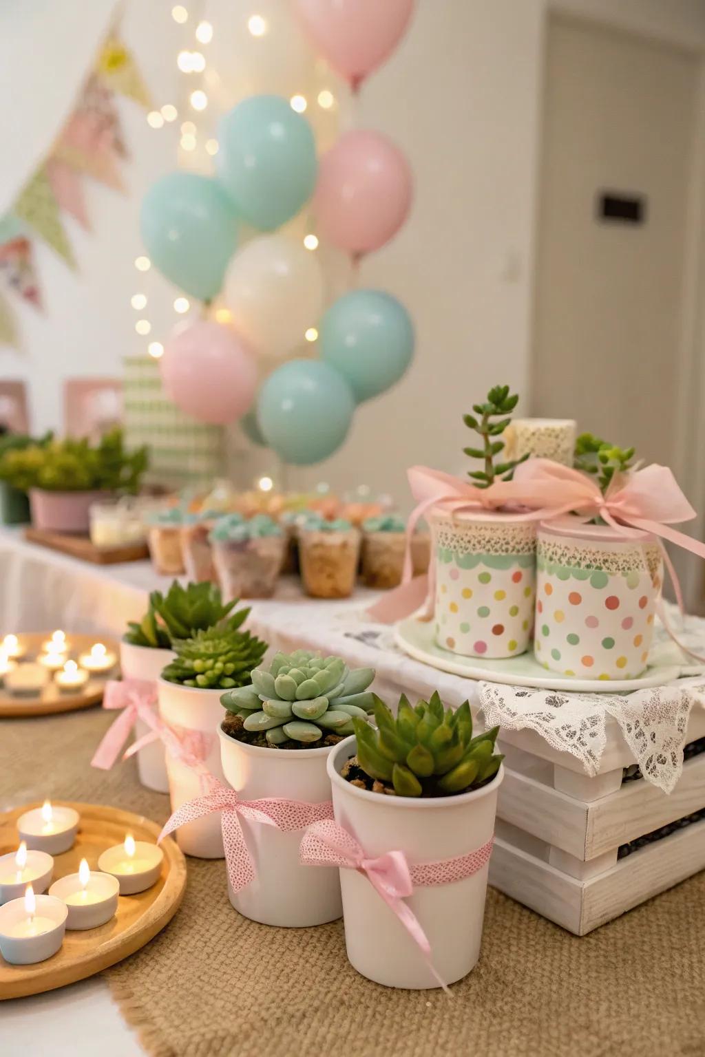 Themed baby shower gifts, such as succulents and candles, make touching gestures.