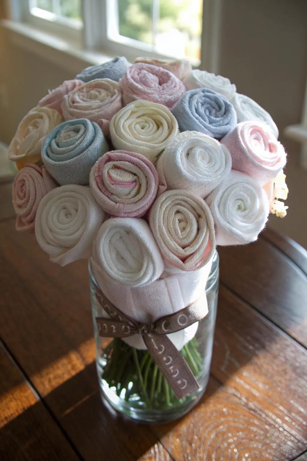 A stunning arrangement crafted from infant garments, a functional and beautiful offering.