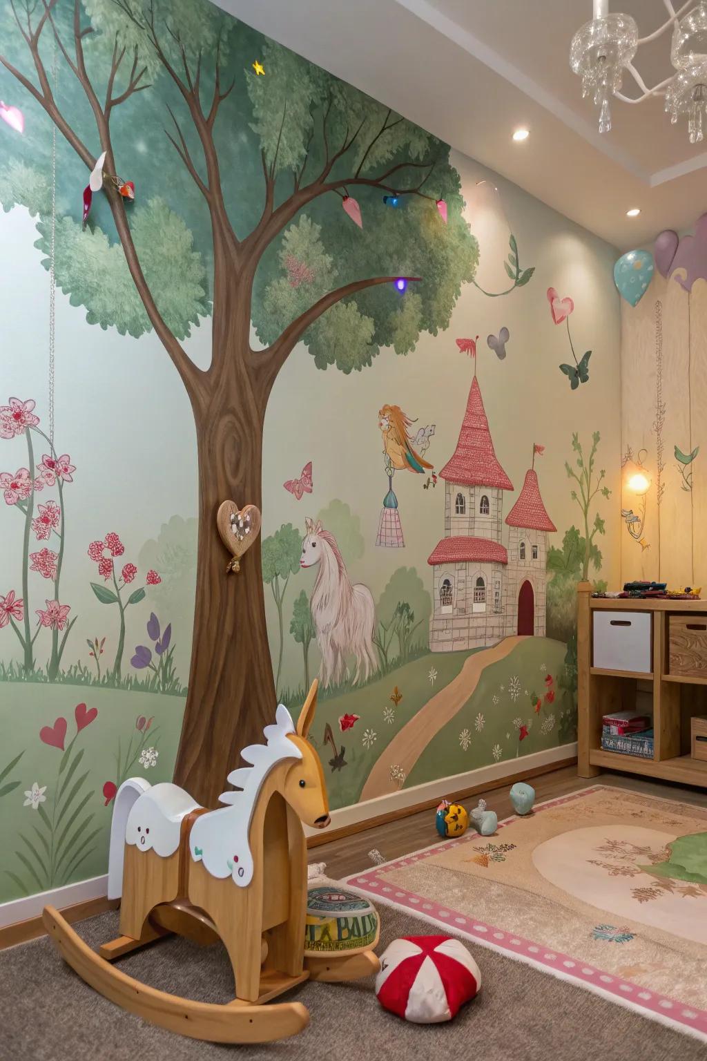 A playroom with a whimsical forest mural featuring fairy tale elements.