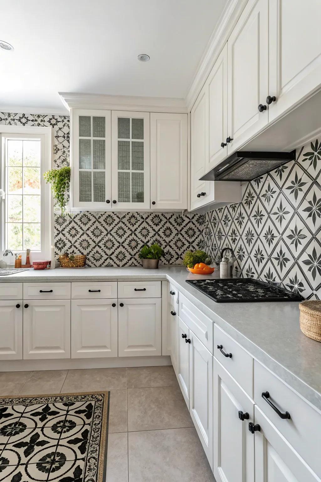 An onyx and snow backsplash imbues timeless elegance into this kitchen.