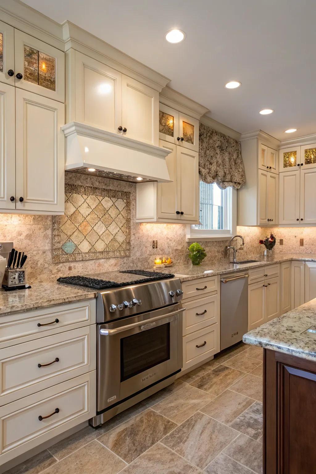 Tender color tiles append a soft element to complement fantasy brown granite.