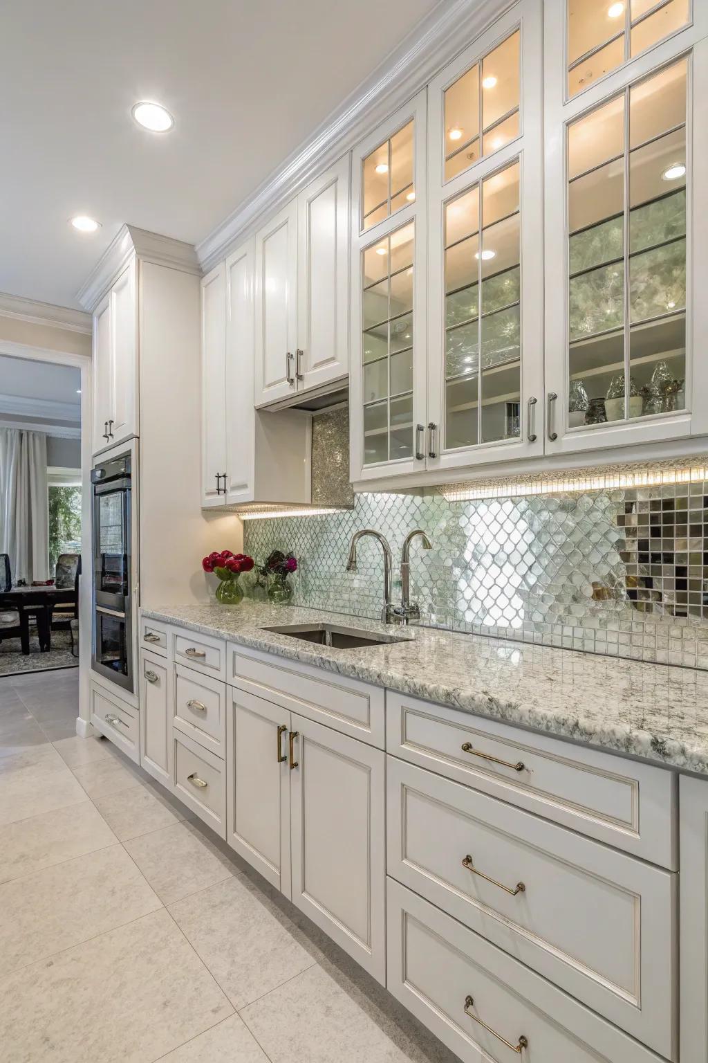 The kitchen's light and airy feel is enhanced by mirrored tiles, which also expand the sense of space.