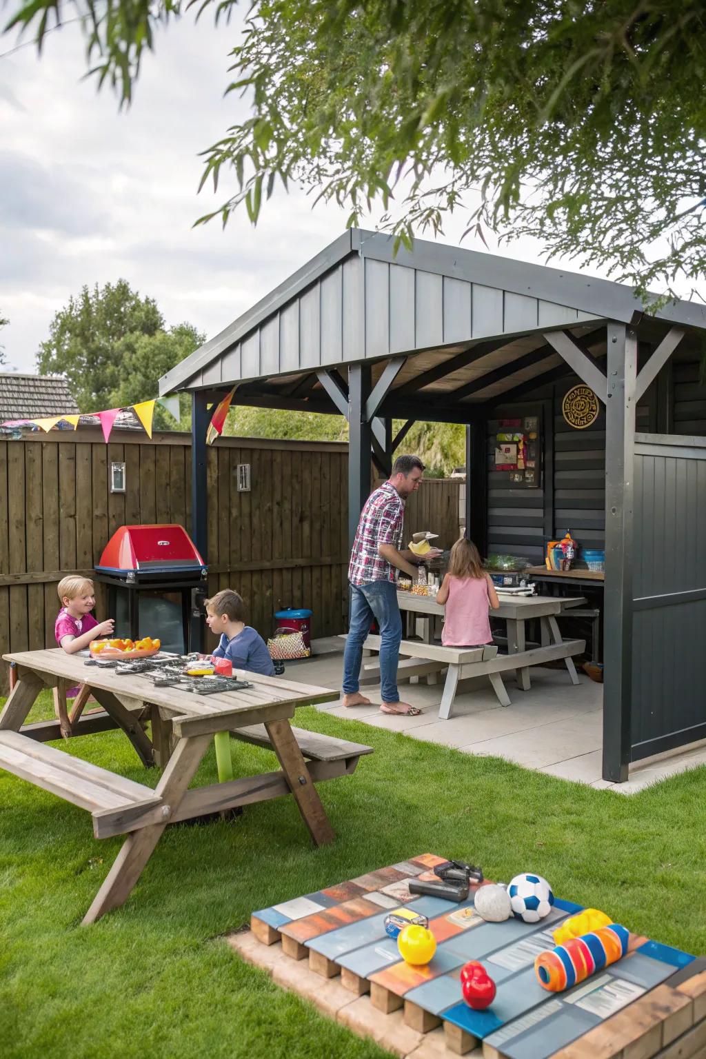 A hub for family fun: BBQ shed with games.