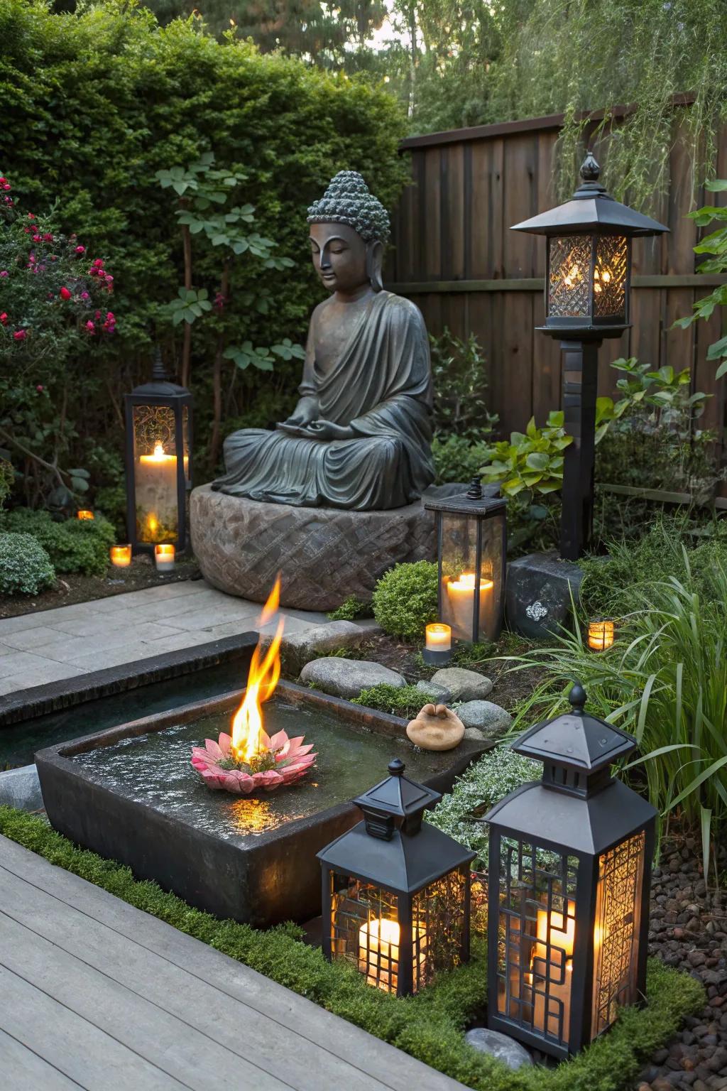 The mix of flame and water adds drama to your garden.