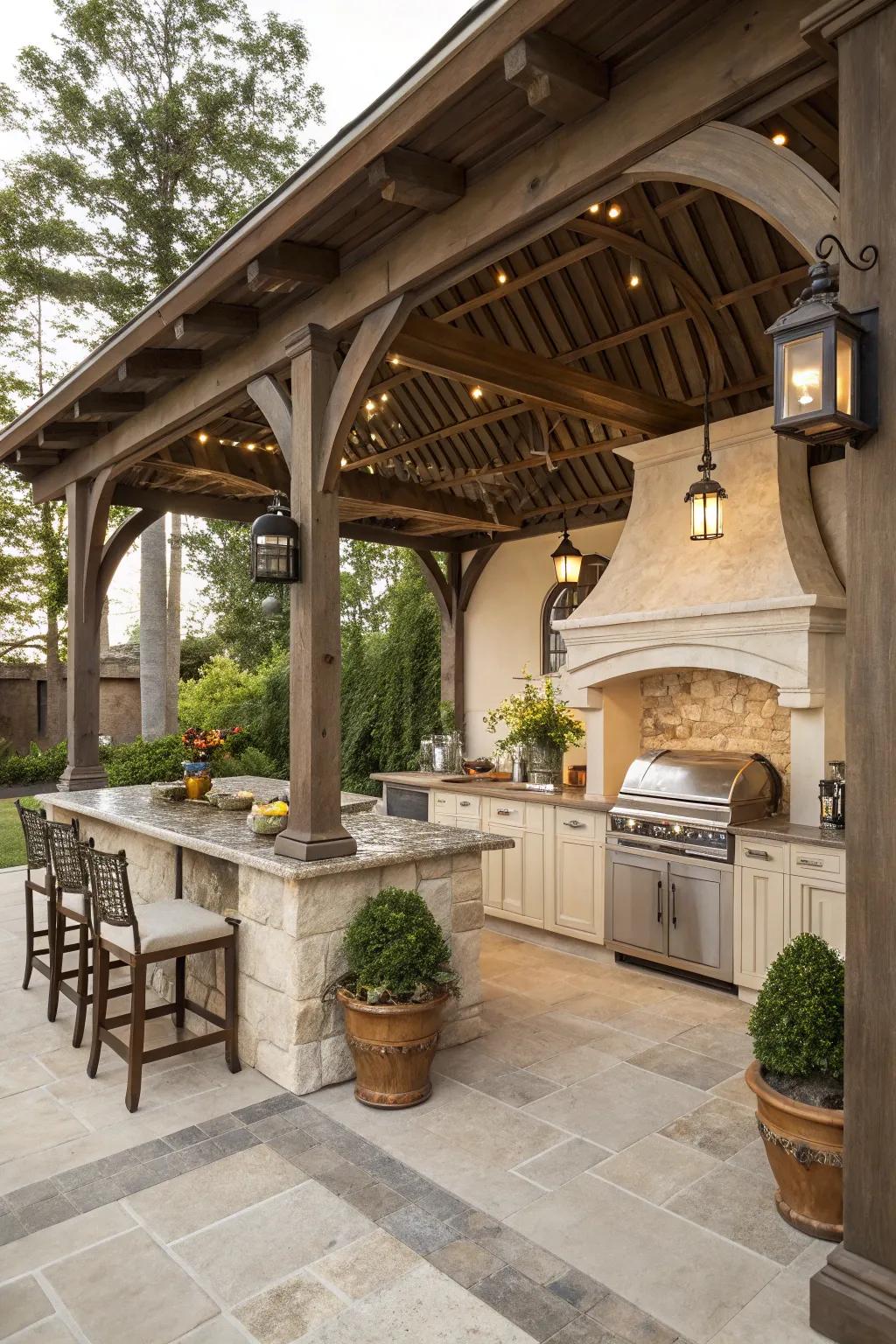 A heritage-inspired pavilion introduces ageless elegance to your backyard cooking area.