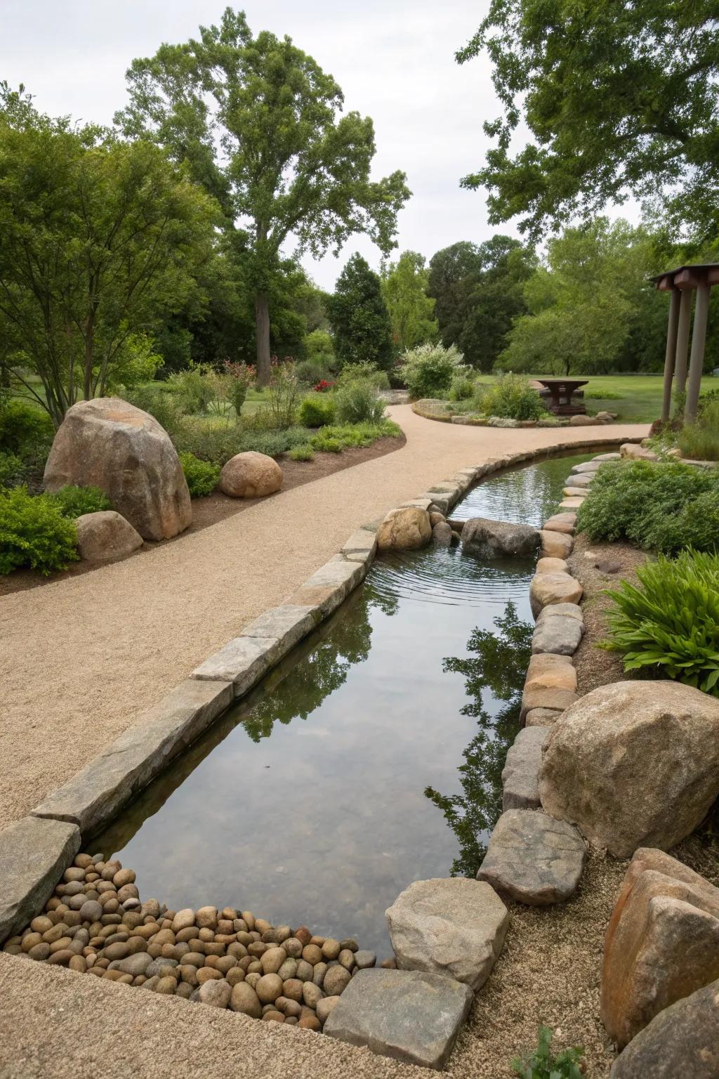 A serene water feature paired with decomposed granite for a calming garden atmosphere.