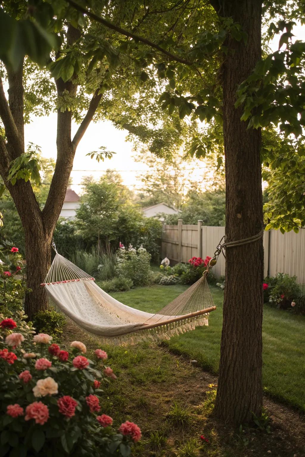 A hammock is the ultimate symbol of relaxation in a backyard.