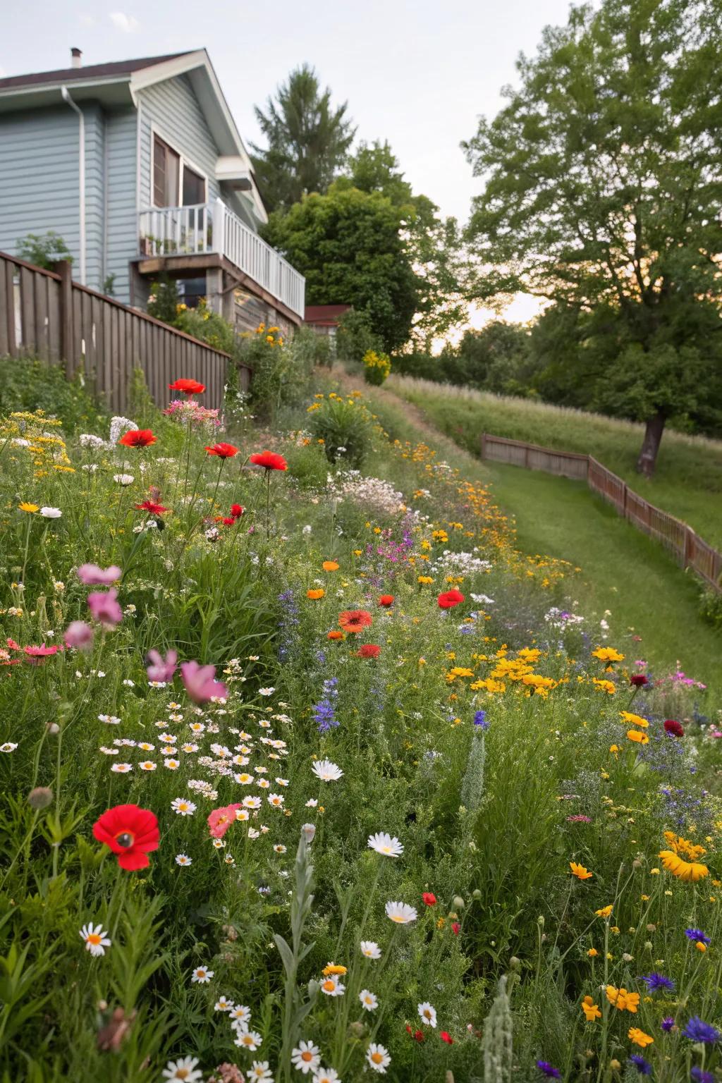 A wildflower field brings vibrant life and color to a slope.