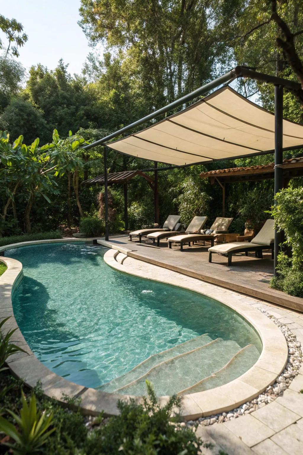 A retractable awning presents adaptable shade alternatives.