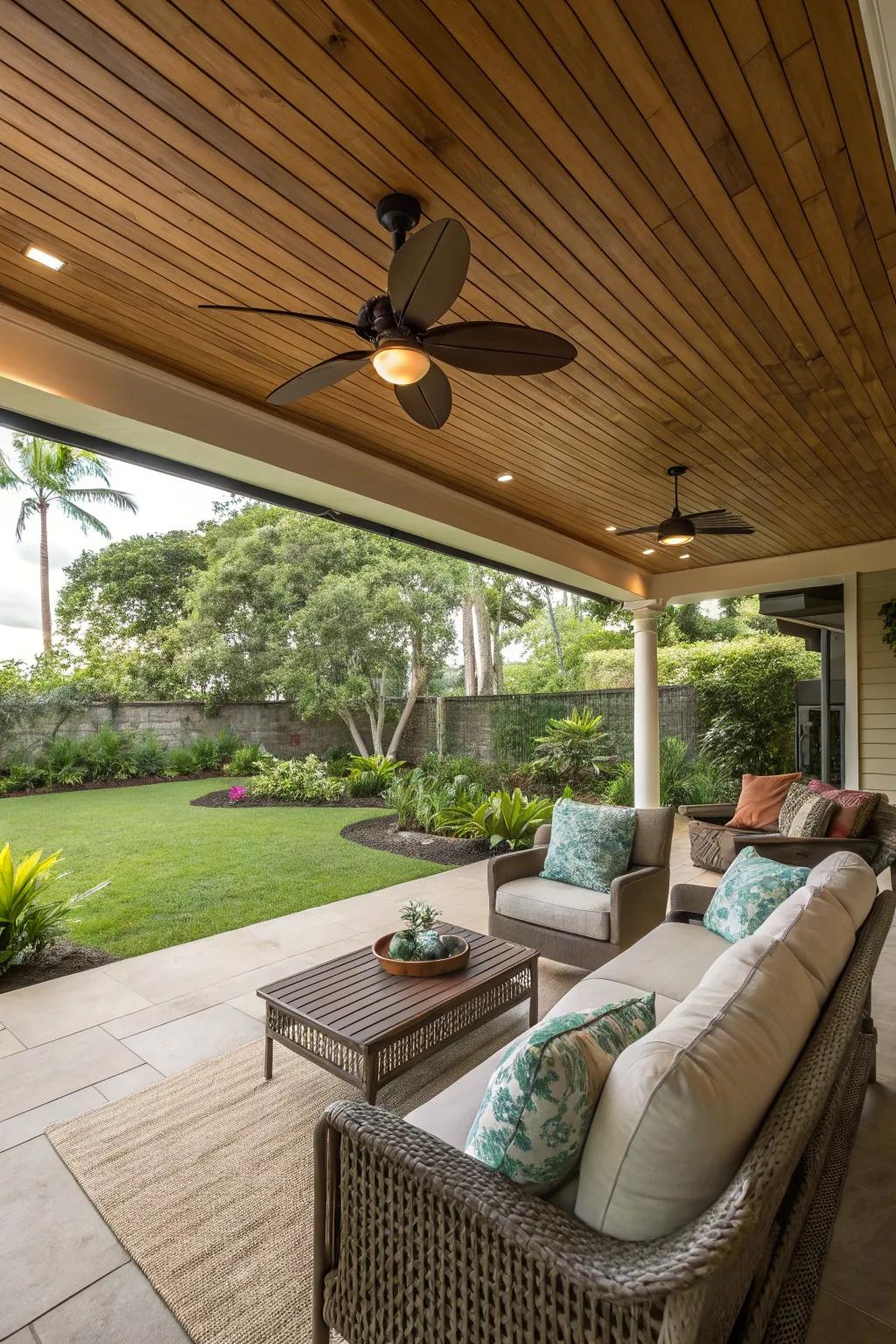 A ceiling fan ensuring comfort and airflow in a lanai.