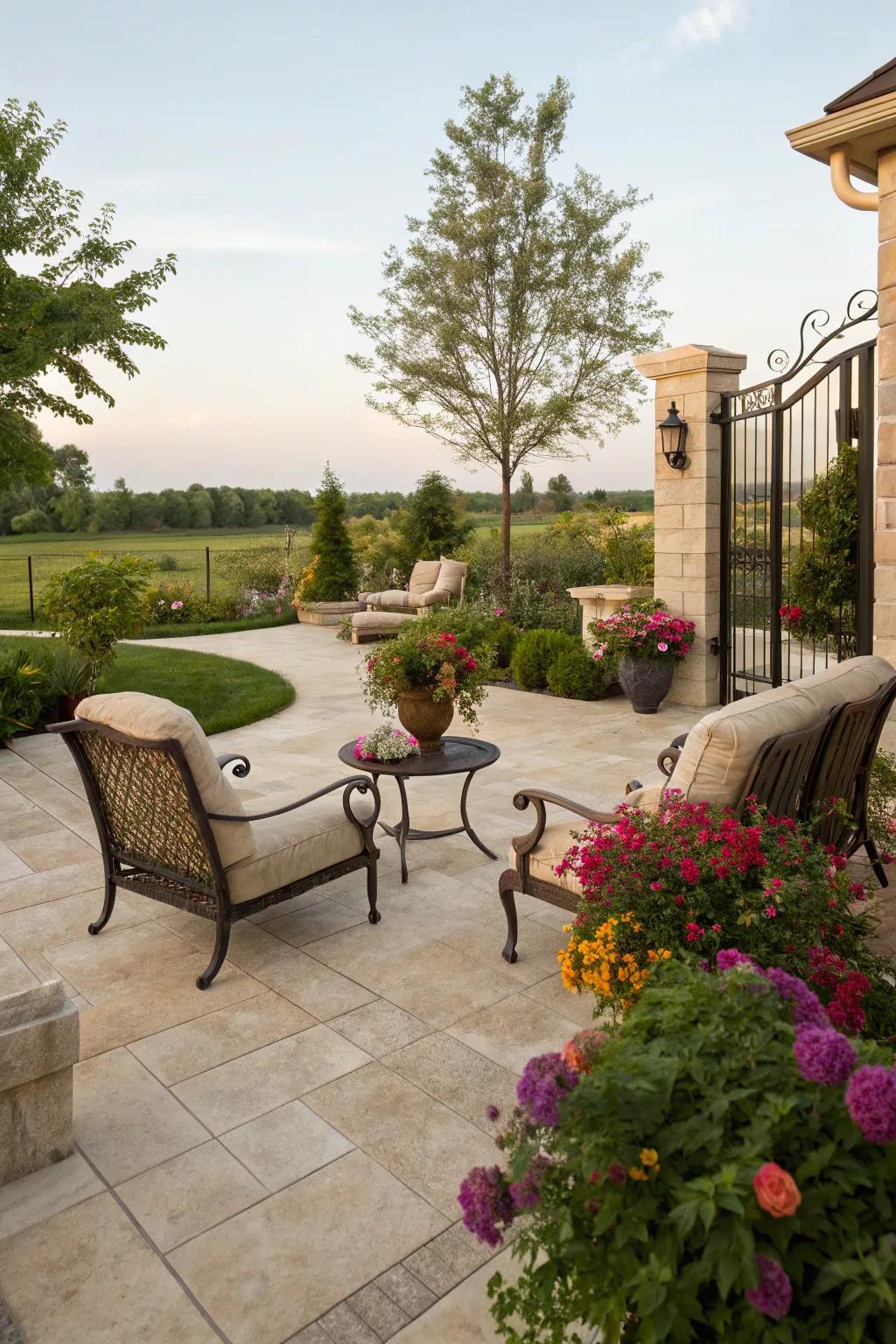 Travertine squares convey lavish Mediterranean grace to patios.