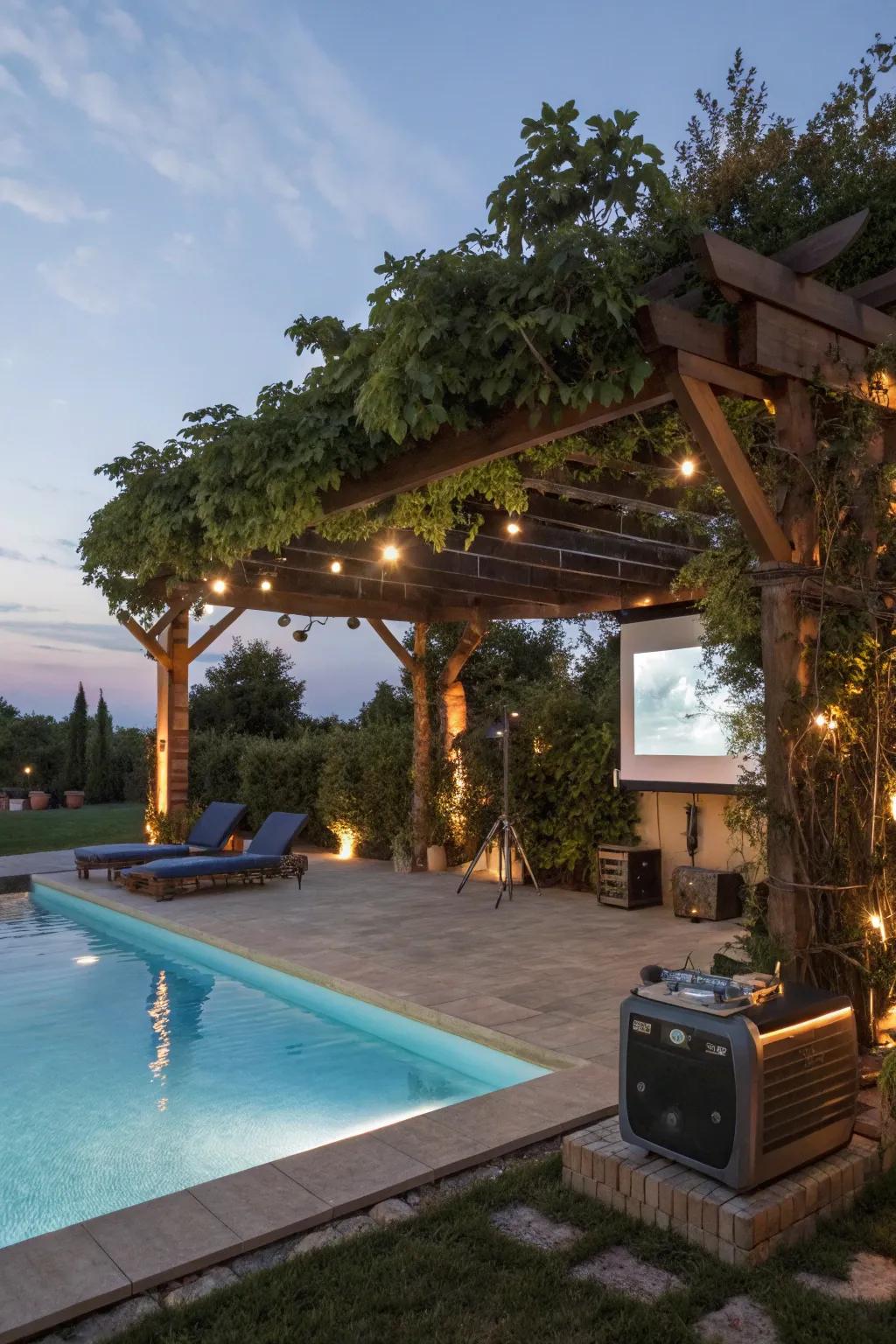 Smart tech alters pergolas into entertainment hubs.