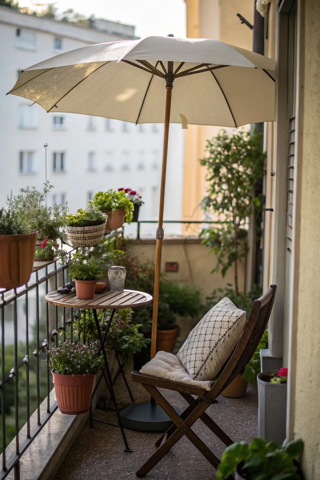 An area-efficient half parasol shading a compact balcony.
