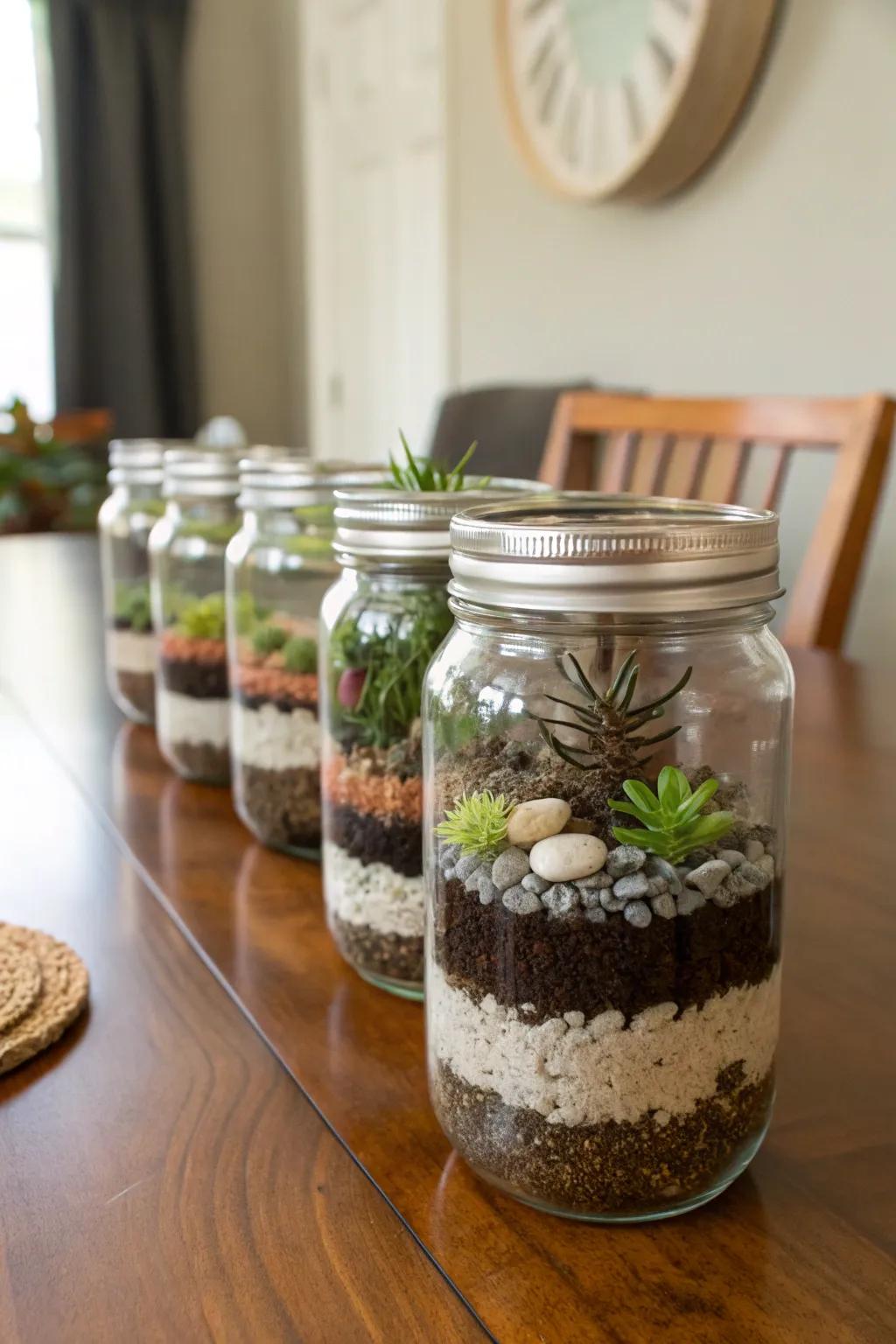 Charming terrariums crafted from preserving containers introduce natural beauty.