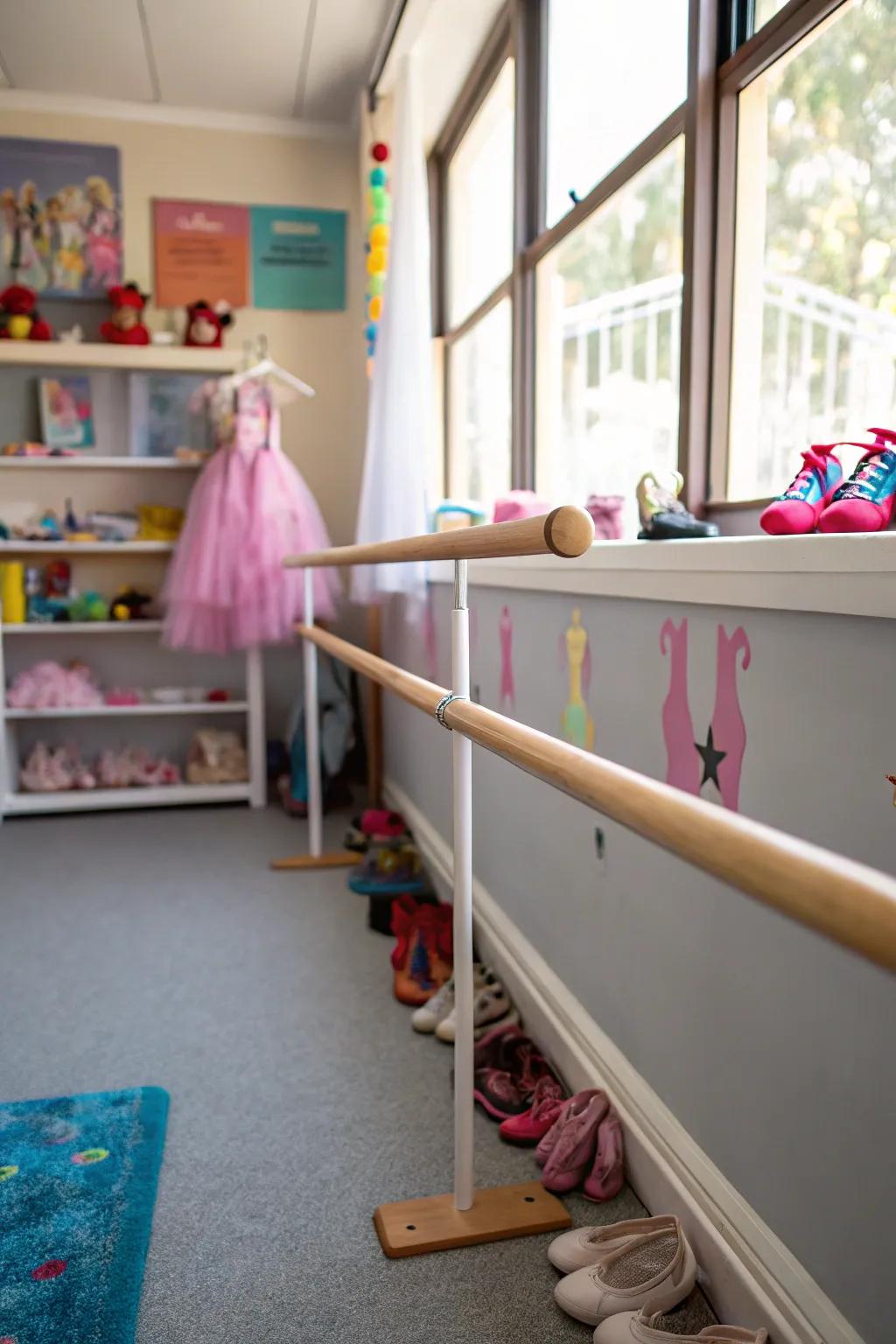 A ballet practice bar adds utility and genuineness.