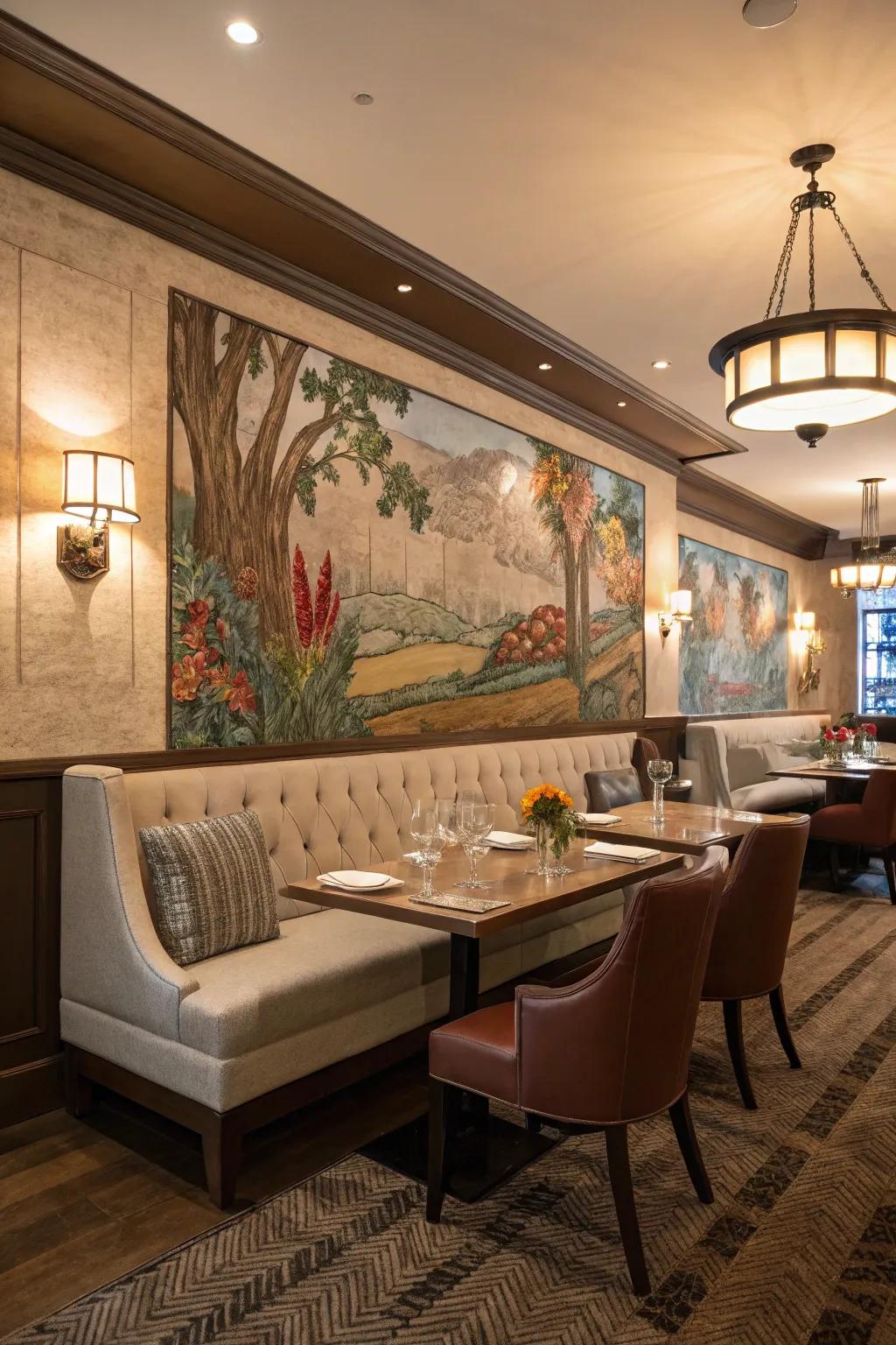 A dining room with banquette seating highlighted by an artistic mural backdrop.