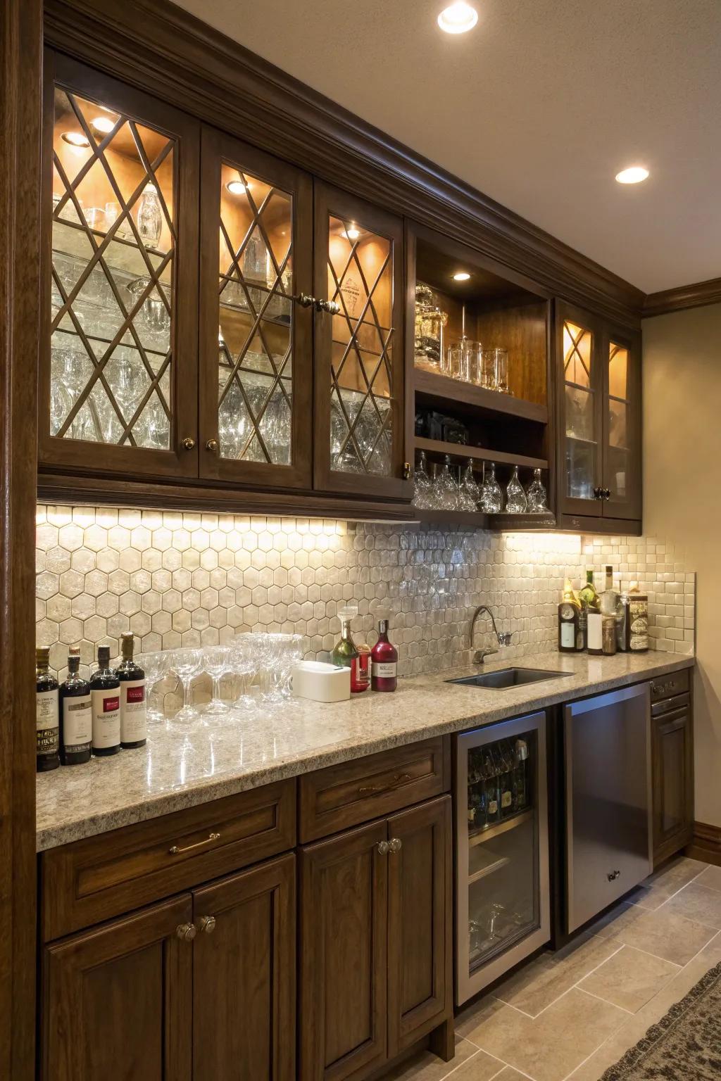 A home bar with under-cabinet illumination highlighting the tile backsplash.