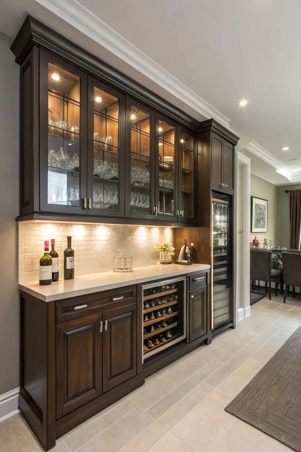 Tailored cabinetry produces a unified and custom-made bar space.