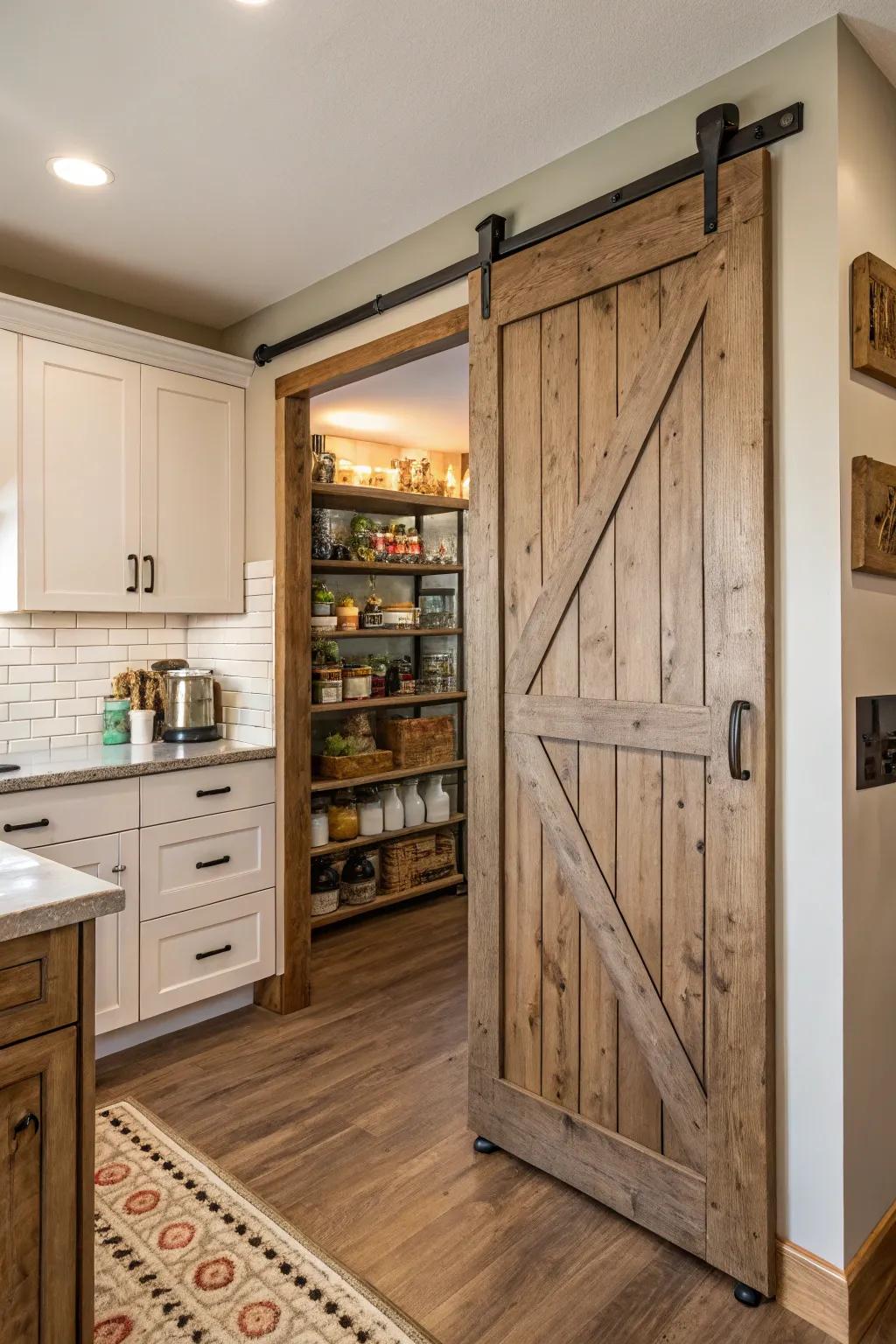 A kitchen showcasing a sliding barn door pantry, accented with shiplap texture.