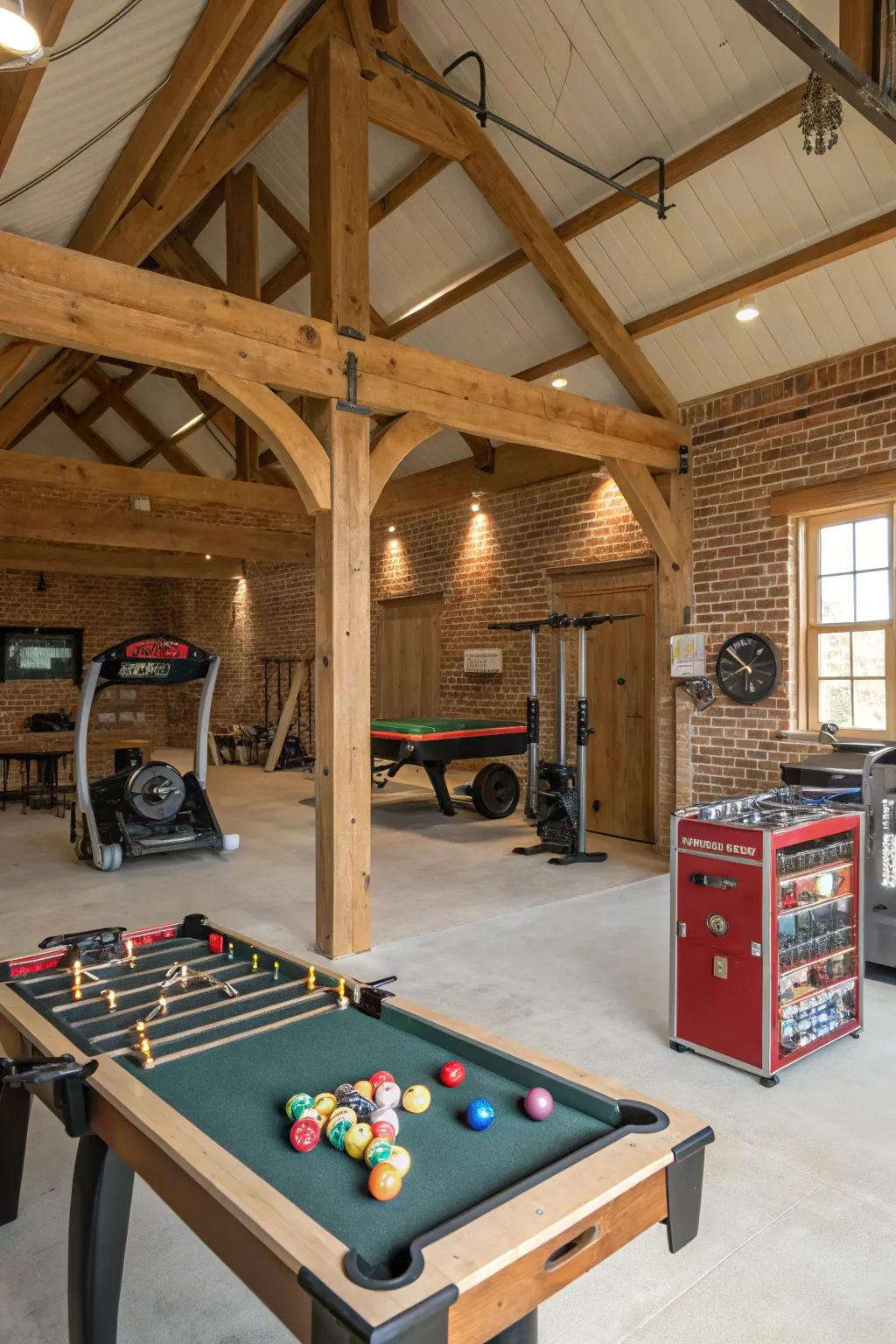 A recreation area contributes fun and fitness opportunities to this garage.