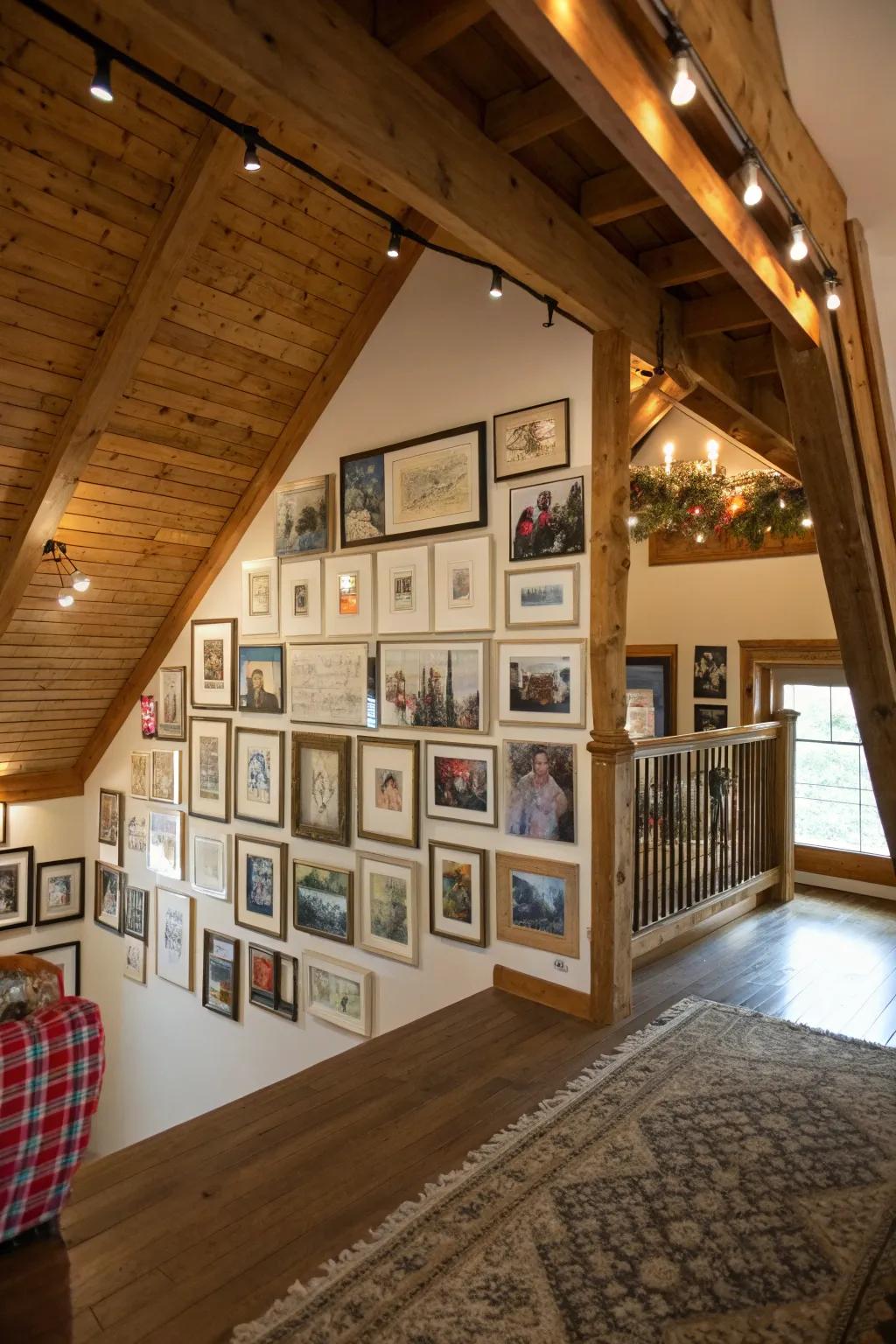 A barn loft adorned with a showcase wall, adding character and storytelling.