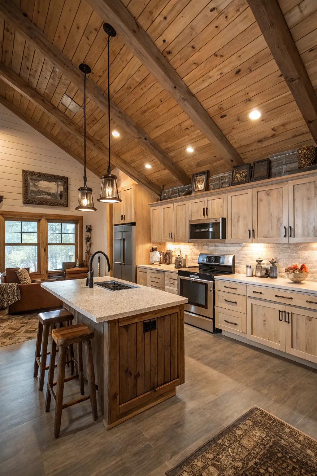 A planked ceiling injects warmth and structural intrigue.