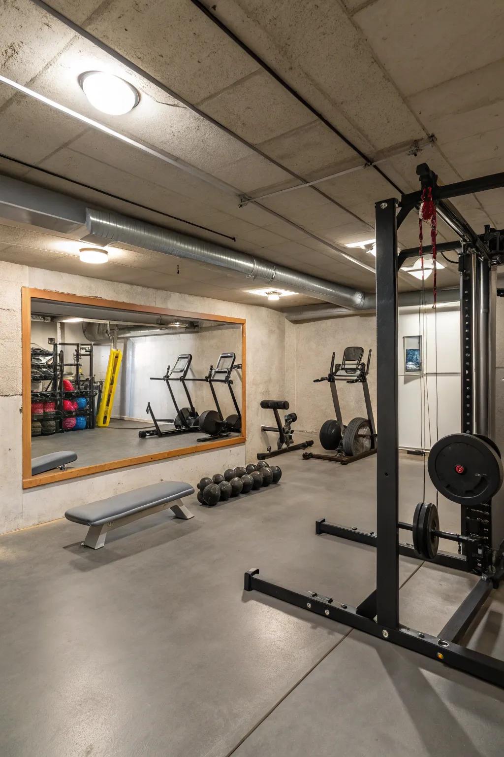Cement floors in a home gym offer sturdiness for heavy equipment and lots of activity.