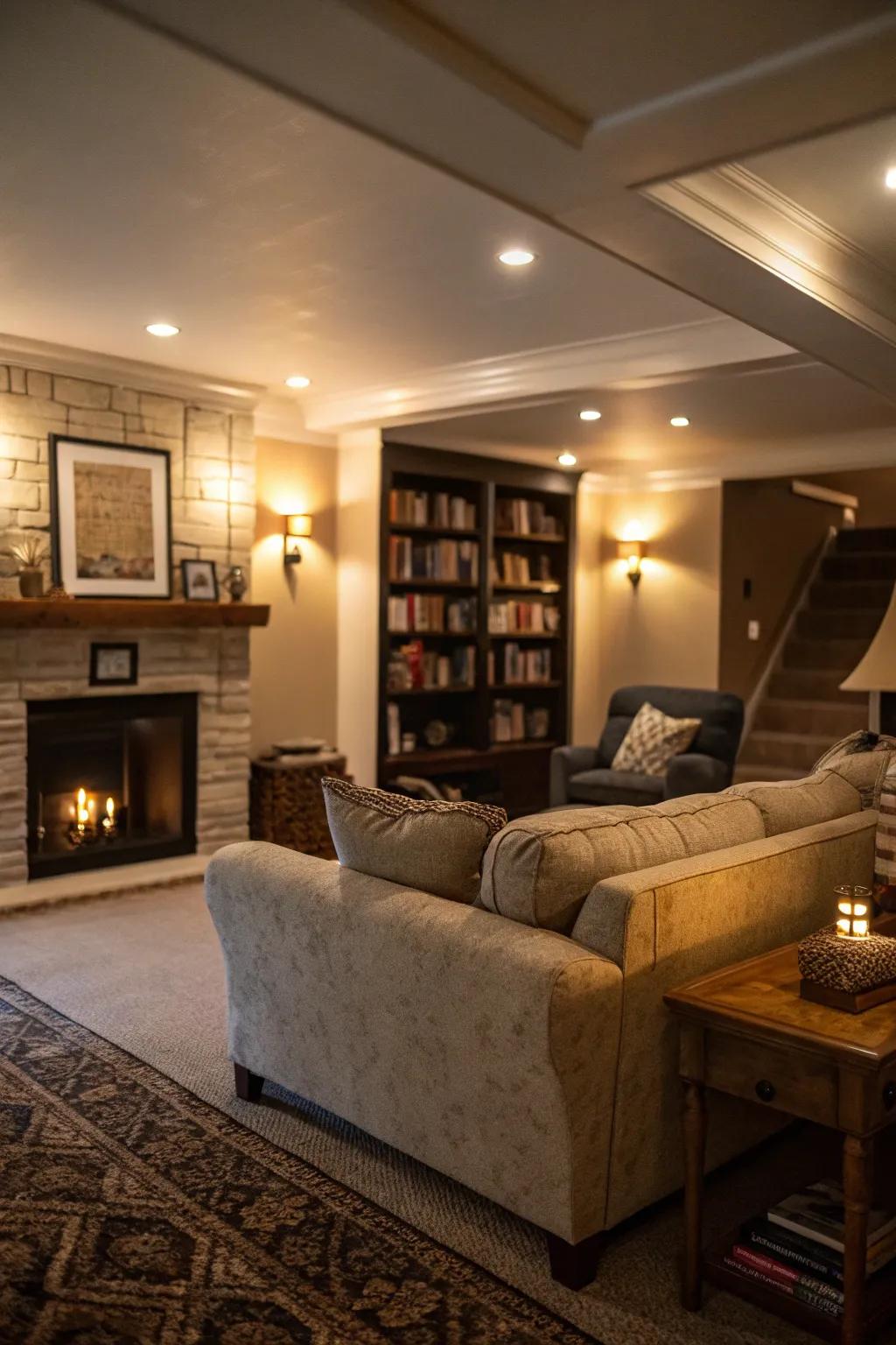 Layered illumination transforms this basement into a warm and inviting getaway.