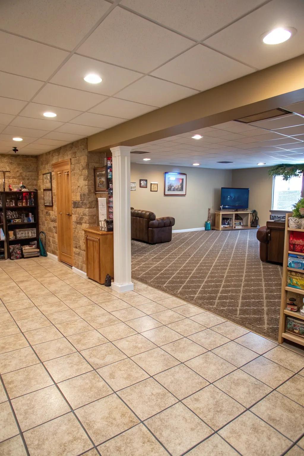 Stone and carpeting combinations offer practical zoning in basements.