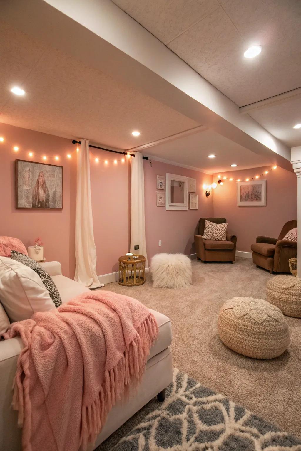 Rose walls add a soft, romantic touch to this cozy basement.