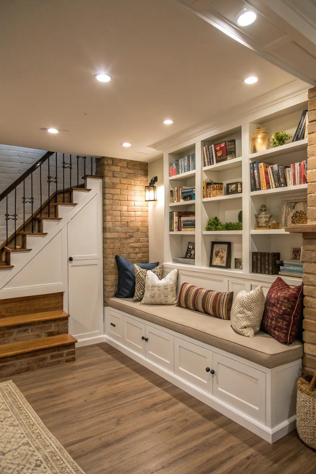 Multi-functional shelving with seating establishes a versatile and practical area.
