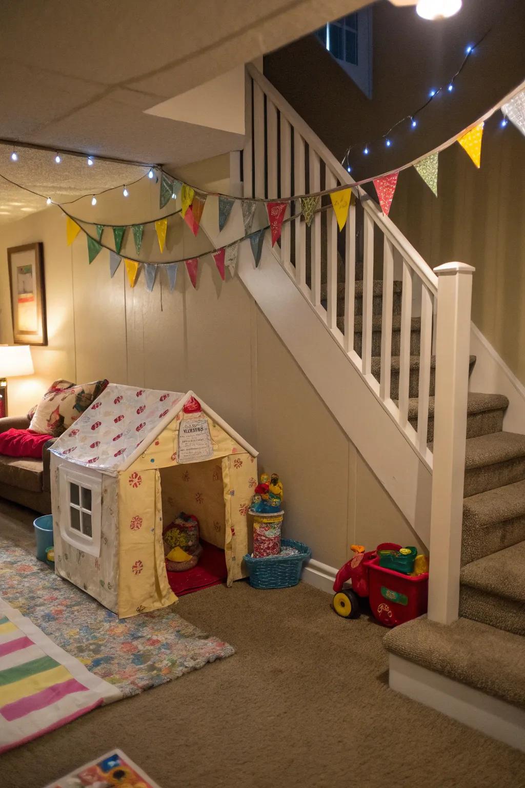 A below-steps playhouse is a whimsical retreat for young ones.