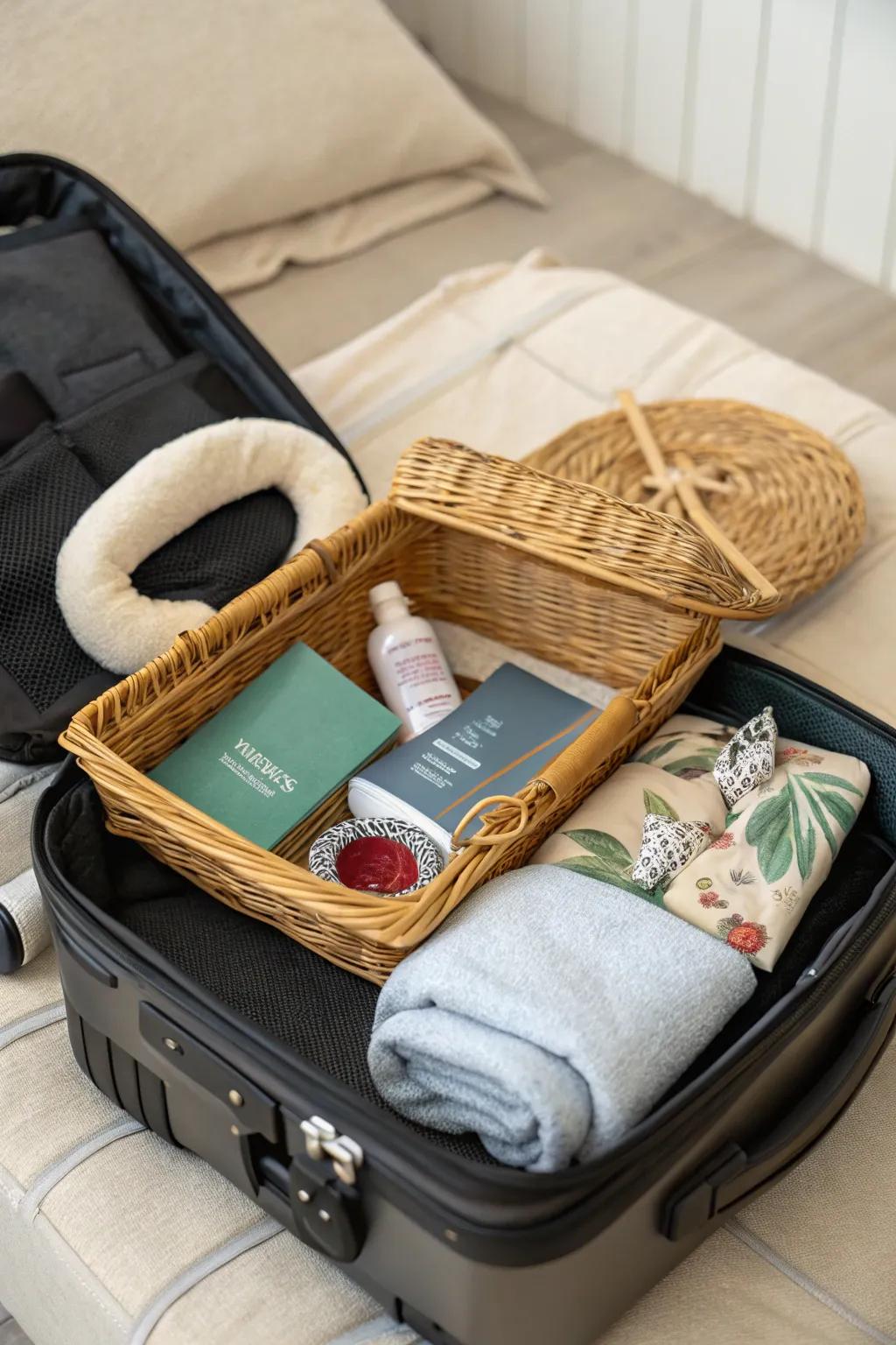 Equip voyagers with a basket filled with essential travel items.